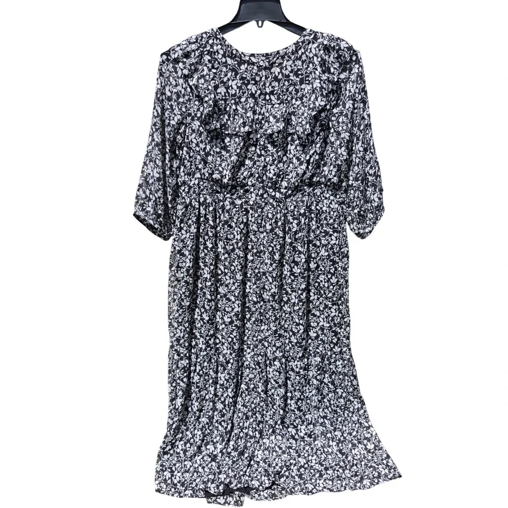 LOFT Black White Floral Ruffle Midi Dress 3/4 Sleeve Large